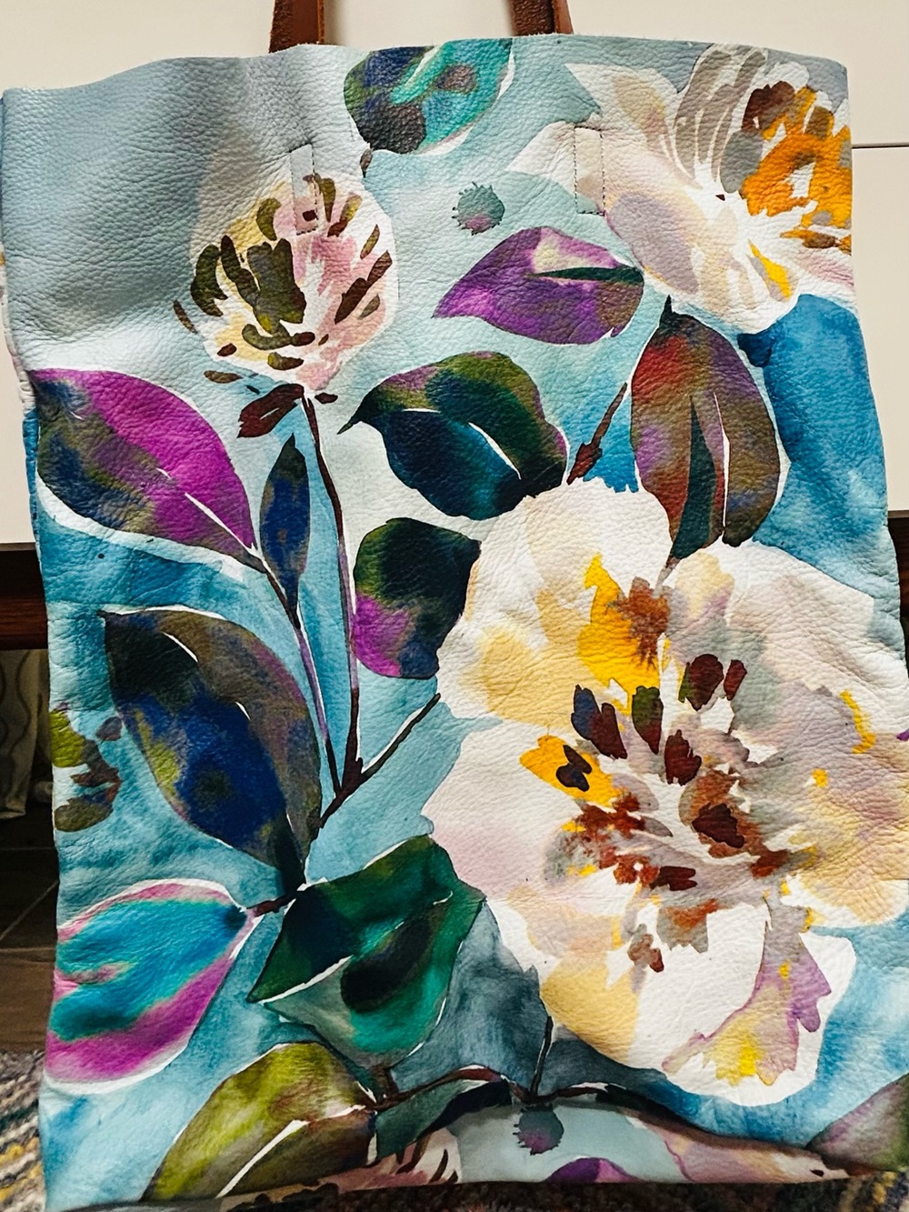 Anthropologie Leathe Floral Watercolor Print Tote in Teal, Purple, Green, Yellow